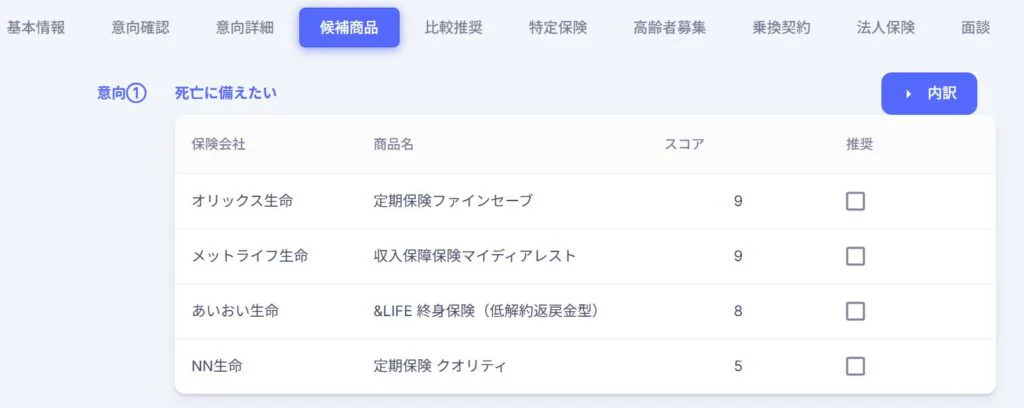 YouWill-CRM 候補商品一覧：スコア順に自動表示される比較推奨画面